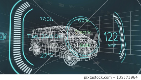 Displaying wireframe van rotating in virtual lab with hologram speedometer and mode overlay 135573964