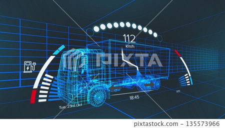 Displaying wireframe truck inside 3D grid tunnel, with HUD showing speed time date temp fuel icon 135573966