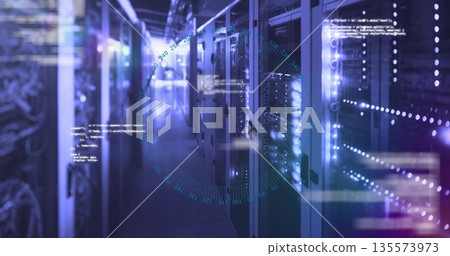 Glowing server racks lining data center hall, with switches, Ethernet cables and code, data overlay Glowing server racks lining data center hall, with switches, Ethernet cables and code, data overlay 135573973
