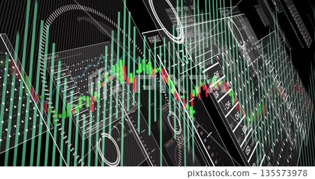Presenting digital dashboard panels in digital void with green red candlestick bars, numeric tables Presenting digital dashboard panels in digital void with green red candlestick bars, numeric tables 135573978