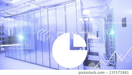 Displaying server cabinets showing LED indicators above tiles at data center with digital overlay Displaying server cabinets showing LED indicators above tiles at data center with digital overlay 135573981