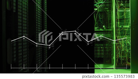 Displaying white line graph overlay on server racks with drive bays, network cables and LED lights Displaying white line graph overlay on server racks with drive bays, network cables and LED lights 135573983
