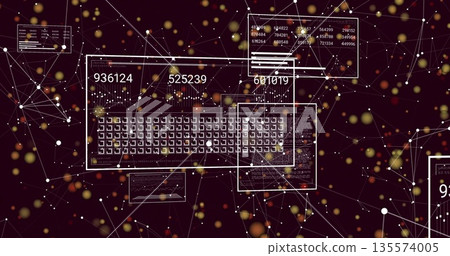 Displaying panel showing data matrix and numeric overlays on maroon scene with network nodes, bokeh 135574005