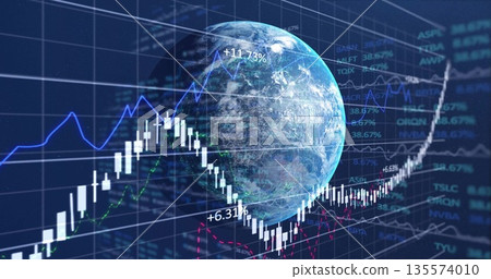 Floating 3D Earth globe rotating on dark blue grid, with candlestick bars and trend lines 135574010