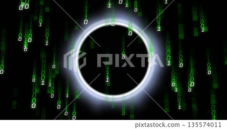 Glowing luminous ring surrounding circular void in digital space, cascading green binary digits Glowing luminous ring surrounding circular void in digital space, cascading green binary digits 135574011