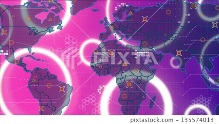 World map glowing in pink-purple gradient on digital interface with glowing circles and hex grid World map glowing in pink-purple gradient on digital interface with glowing circles and hex grid 135574013