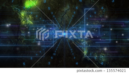 Emitting neon blue circuit lines across dark virtual space, with floating digits and glowing node Emitting neon blue circuit lines across dark virtual space, with floating digits and glowing node 135574021