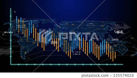 Displaying bar chart overlaying world map on dashboard, with turquoise axes and warning icons Displaying bar chart overlaying world map on dashboard, with turquoise axes and warning icons 135574028
