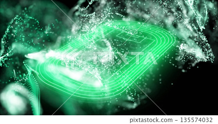 Floating neon green wireframe track and pitch outline in digital void, with glowing particle clouds Floating neon green wireframe track and pitch outline in digital void, with glowing particle clouds 135574032