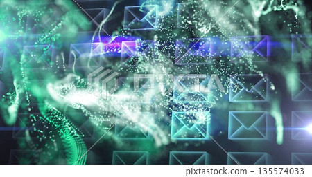 Flowing green white blue particle streams weaving through cyberspace grid, with envelope icons Flowing green white blue particle streams weaving through cyberspace grid, with envelope icons 135574033