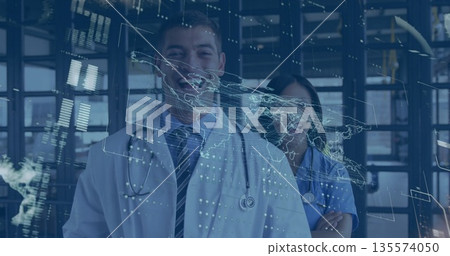 Reviewing map data on glass wall in medical lab by clinicians wearing coat, scrubs and stethoscopes Reviewing map data on glass wall in medical lab by clinicians wearing coat, scrubs and stethoscopes 135574050