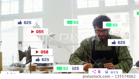 Carving craftsman wearing apron chiseling fish sculpture at worktable, with icons, copy space Carving craftsman wearing apron chiseling fish sculpture at worktable, with icons, copy space 135574062