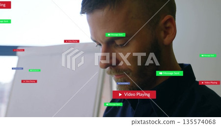 Standing man in dark shirt viewing office with Message Sent media playing notifications, copy space Standing man in dark shirt viewing office with Message Sent media playing notifications, copy space 135574068