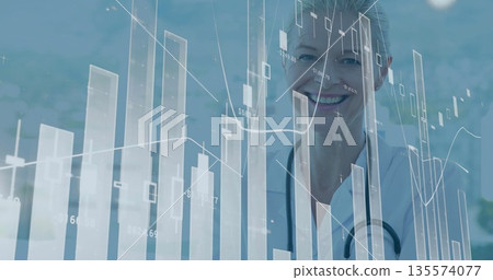 Smiling doctor analyzing bar and line charts in hospital, with white coat, stethoscope, copy space 135574077