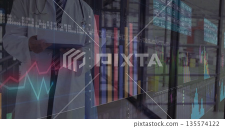 Monitoring doctor in labcoat holding tablet at data center, stethoscope, charts, copy space 135574122
