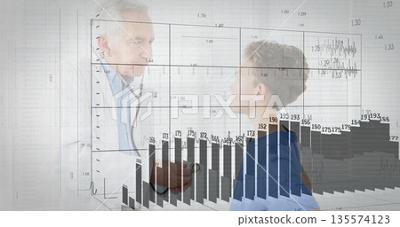 Pressing stethoscope on boy chest, doctor wearing lab coat in exam room, showing bar chart overlay 135574123