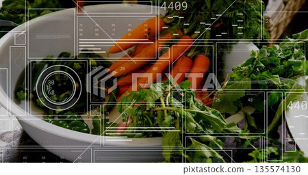Displaying white bowl holding bright orange carrots on wooden countertop, with digital panels 135574130