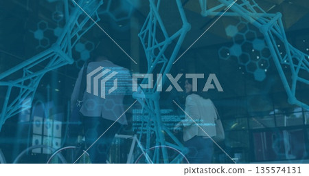 Ascending two professionals wearing suits pushing bicycle in corporate lobby, with digital overlay 135574131