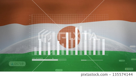 Displaying dashboard showing translucent bar chart, slider and counters over Niger flag and globe 135574144