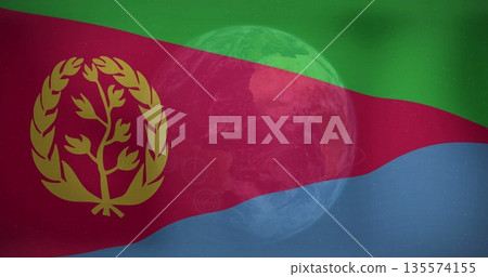 Displaying planet Earth emerging behind transparent Eritrean flag in space, with star field 135574155