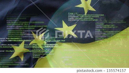 Translucent EU sphere floating in virtual code background, showing lines of JavaScript source code 135574157