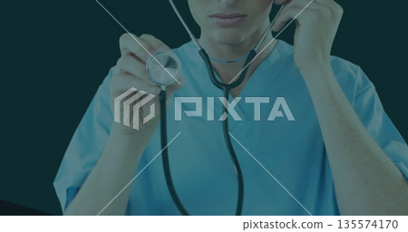 Male doctor holding stethoscope diaphragm and raising earpieces in studio, with scrubs Male doctor holding stethoscope diaphragm and raising earpieces in studio, with scrubs 135574170