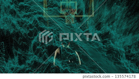 Leaping player wearing jersey shorts performing dunk on virtual court with hoop, teal waves 135574178