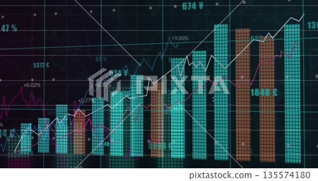 Showing chart on screen overlaying white line magenta graph with teal orange bars currency labels 135574180