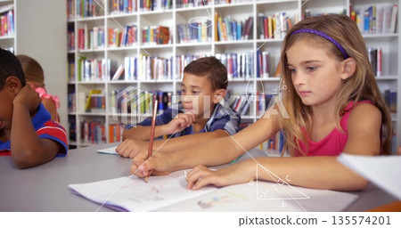 Studying four schoolchildren writing and drawing at gray table in library, with pencils, notebooks Studying four schoolchildren writing and drawing at gray table in library, with pencils, notebooks 135574201