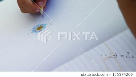 Gripping wooden pencil child hand sketching blue-petal flower doodle on paper, with sin2? equation Gripping wooden pencil child hand sketching blue-petal flower doodle on paper, with sin2? equation 135574206