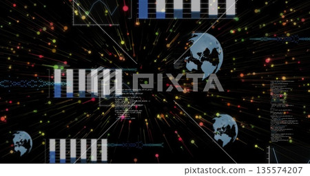 Displaying data network radiating light on black canvas, with bar charts, globes, code lines, nodes Displaying data network radiating light on black canvas, with bar charts, globes, code lines, nodes 135574207