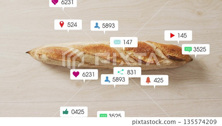 Floating social media notification icons orbiting French baguette on wooden tabletop, digital art Floating social media notification icons orbiting French baguette on wooden tabletop, digital art 135574209