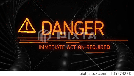 Displaying glowing orange warning sign flashing on sci-fi interface with helix shapes and particles Displaying glowing orange warning sign flashing on sci-fi interface with helix shapes and particles 135574228