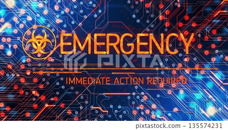 Displaying alert featuring orange biohazard symbol and EMERGENCY text on screen with circuit traces Displaying alert featuring orange biohazard symbol and EMERGENCY text on screen with circuit traces 135574231