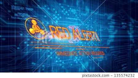 Displaying network icon with RED ALERT subheading IMMEDIATE ACTION REQUIRED over blue circuit board Displaying network icon with RED ALERT subheading IMMEDIATE ACTION REQUIRED over blue circuit board 135574232