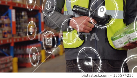 Scanning worker carrying scanner and can multipack in storage rack aisle, with interface icons 135574235