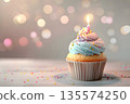 birthday cupcake with lit candle, colorful frosting, sprinkles on top 135574250