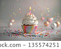 birthday cupcake with lit candle, colorful frosting, sprinkles on top 135574251