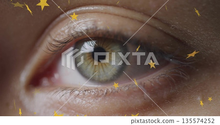 Revealing single human eye displaying green-hazel iris in extreme close-up, with golden stars Revealing single human eye displaying green-hazel iris in extreme close-up, with golden stars 135574252