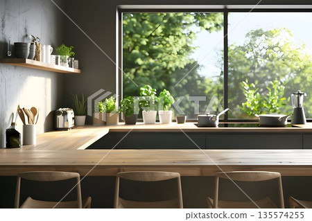 modern desk kitchen interior natural lighting from window 135574255