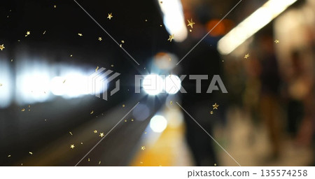 Moving subway train flashing headlights on platform, with yellow strip and star overlays Moving subway train flashing headlights on platform, with yellow strip and star overlays 135574258
