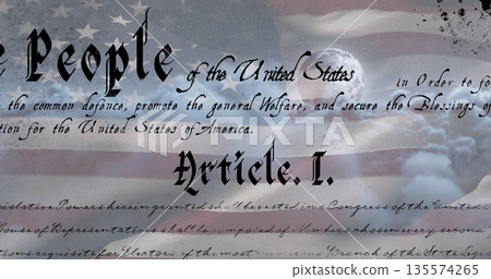 Displaying blackletter Article I preamble floating in digital art, showing flag and ink splatters Displaying blackletter Article I preamble floating in digital art, showing flag and ink splatters 135574265