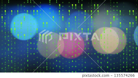 Cascading columns of green binary digits streaming over blurred bokeh circles, digital data theme 135574266