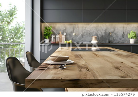 modern desk kitchen interior natural lighting from window 135574279