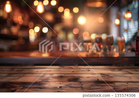 wooden table with blurred bar backdrop 135574306