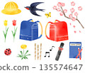 Watercolor spring entrance and graduation illustration set with school bags, cherry blossoms, and school hats 135574647