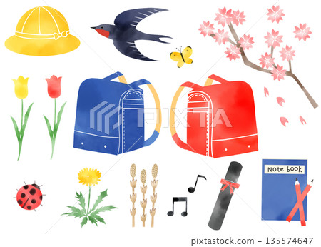 Watercolor spring entrance and graduation illustration set with school bags, cherry blossoms, and school hats 135574647