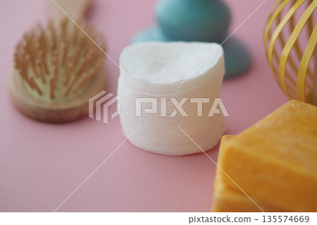 Cotton Pad, Brush, Soap And Decorative Elements For Relaxation Beauty Routine 135574669