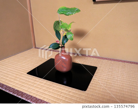 A single flower gently placed at a tea ceremony: A Japanese flower that creates a sense of tranquility. A single flower gently placed at a tea ceremony: A Japanese flower that creates a sense of tranquility. 135574796