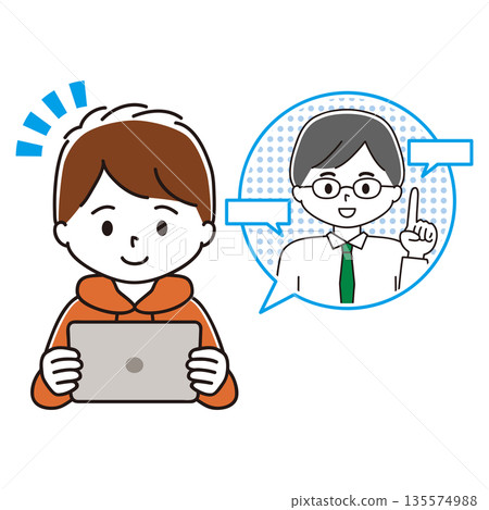 圖解:一名男孩正在使用數位板學習—遠距學習 圖解:一名男孩正在使用數位板學習—遠距學習 135574988